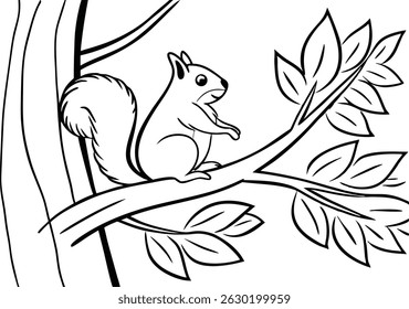 Adorable cartoon squirrel perched on a tree branch surrounded by leafy branches and leaves.