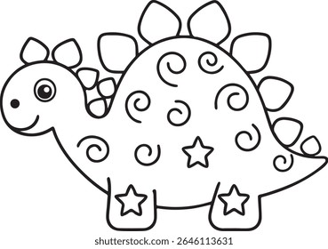 Adorable Cartoon Stegosaurus Illustration Featuring Swirls and Stars Whimsical Dinosaur Perfect for Childrens Designs or Coloring Books Cute Dinosaur with Unique Design Elements