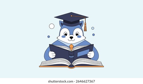 Adorable Cartoon Student Character Illustration with Graduation Cap and Open Book for Design