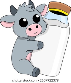 Adorable cartoon style baby cow cuddling a large glass bottle of milk. The kawaii character features big round eyes