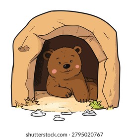 An adorable cartoon style brown bear sitting inside a rocky cave den looking friendly