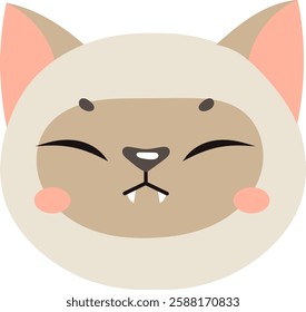 Adorable cartoon style cat face with prominent fangs and rosy cheeks, featuring a playful expression. The simplistic design highlights the charming and whimsical nature of the character