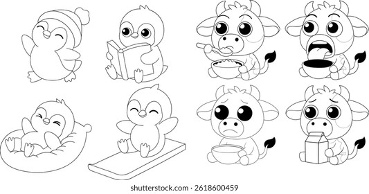 Adorable cartoon style line art featuring playful penguins and cows in various fun activities. Designed as a coloring book template for children