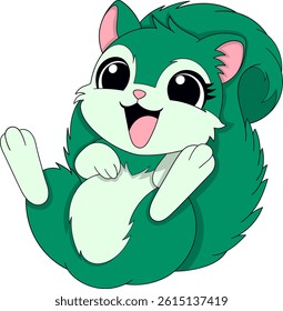 Adorable cartoon style musang civet with green fur, lying on its back and laughing joyfully. Great for use as a digital sticker