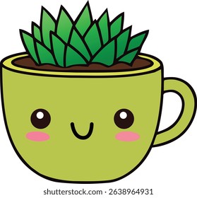 Adorable cartoon succulent plant growing in a happy face green coffee cup
