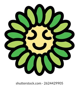 Adorable cartoon sun character with closed eyes and a gentle smile, surrounded by vibrant green petals, evoking warmth and happiness
