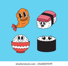 adorable cartoon sushi character with fun expressions in hand drawn retro vintage vector illustration