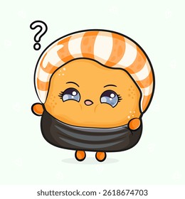 An adorable cartoon Sushi character with a question mark above its head, looking puzzled and cute.