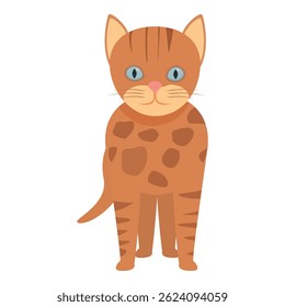 Adorable cartoon tabby cat with blue eyes and brown stripes standing on white background