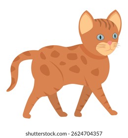 Adorable cartoon tabby cat walking with blue eyes and brown stripes