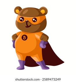 Adorable cartoon teddy bear dressed as a superhero with orange suit, purple gloves, and a cape. Cheerful expression, perfect for childrens themes and design projects.