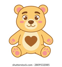 Adorable cartoon teddy bear with heart on chest and pink accents smiling sweetly