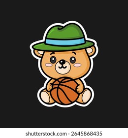 Adorable Cartoon Teddy Bear Wearing Green Hat and Holding Basketball in Sitting Pose