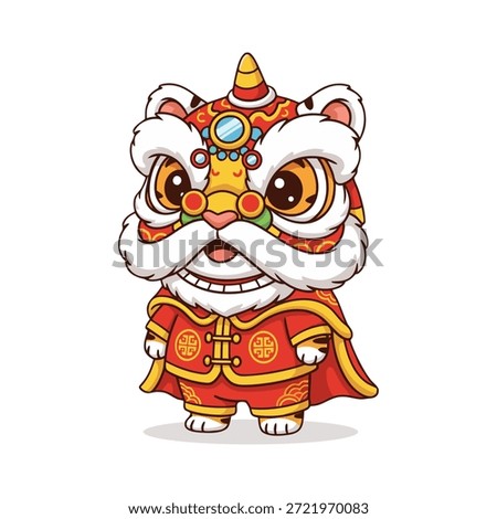 Adorable cartoon tiger character dressed in a vibrant red and gold traditional Chinese lion dance costume, celebrating Lunar New Year with a happy, festive spirit. Perfect for cultural designs.