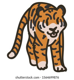 Adorable Cartoon Tiger Clip Art. Safari Animal Icon. Hand Drawn kawaii Big Cat Motif Illustration Doodle In Flat Color. Isolated Baby, Nursery and Childhood Character. Colorful Cute.