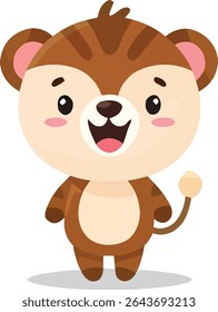 Adorable cartoon tiger cub with a light beige belly, brown striped fur, and a happy expression, standing upright with a curled tail.
