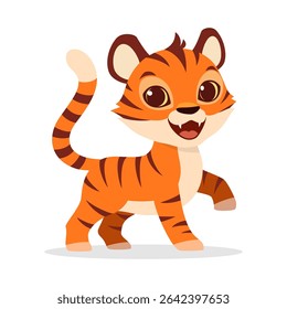 Adorable Cartoon Tiger Cub Standing on White Background with Happy Expression and Orange Fur