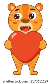 Adorable cartoon tiger stands with big red heart vector illustration