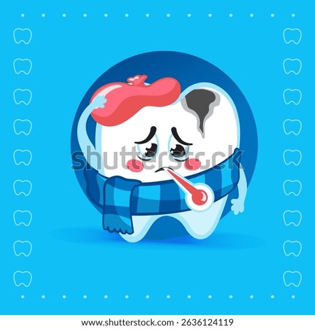 Adorable cartoon tooth character feeling unwell with scarf, heat pillow, and thermometer in mouth. Dental health or illness concept on blue background. Great for kids' education themes