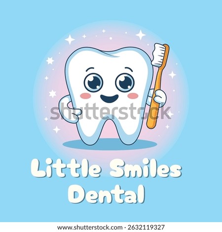 Adorable Cartoon Tooth Logo with Blue Eyes and Toothbrush for Kids' Dental Clinic on Soft Blue-Pink Starry Background