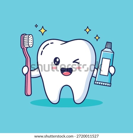 Adorable cartoon tooth mascot winking, holding a pink toothbrush and a blue toothpaste tube, promoting dental health and hygiene with a cheerful expression.