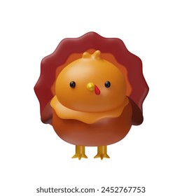Adorable cartoon turkey 3D icon, with a cute expression and vibrant colors, designed in vector for Thanksgiving and festive themes.