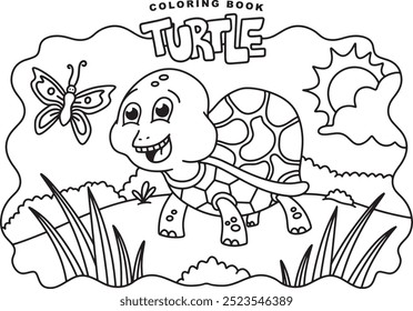 Adorable Cartoon Turtle Meets Butterfly Illustration for Kids Coloring Book Fun and Cute Animal Friends in Nature Perfect for Children’s Coloring Pages