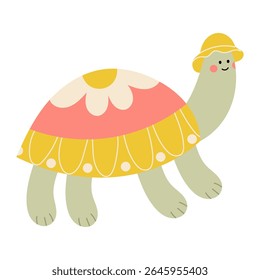 Adorable cartoon turtle wearing a sun hat with a cute flower on its shell. This sweet illustration features a smiling turtle in a summer style, perfect for children’s products, stickers, prints. 