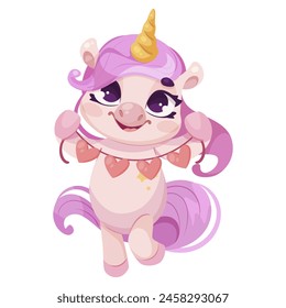 Adorable cartoon unicorn with pink mane, golden horn and heart necklace, Vector illustration on white background, concept of cuteness. Vector illustration