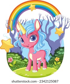 Adorable Cartoon Unicorn with Rainbow illustration