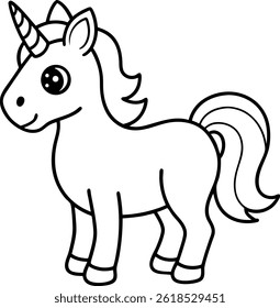 Adorable Cartoon Unicorn Standing Line Art Vector, Fantasy Coloring Page for Kids, Printable Nursery Wall Decor, Cute Baby Unicorn Black and White Outline Illustration for DIY Crafts