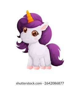 Adorable cartoon unicorn standing on white background. Features include a purple mane, golden horn, big brown eyes and cute facial expression. Perfect for childrens illustrations.