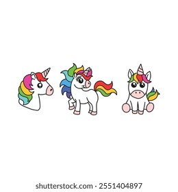 Adorables unicornios de dibujos animados con melenas vibrantes en un estilo caprichoso: perfecto para los Diseños de los niños