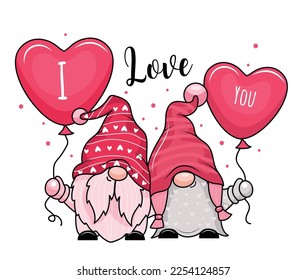 Adorable cartoon valentine couple of gnomes holding valentine balloons.Vector illustration. Isolated on white background