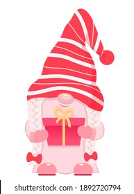 Adorable cartoon valentine gnome with gift box.Vector illustration. Isolated on white background