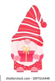Adorable cartoon valentine gnome with gift box.Vector illustration. Isolated on white background