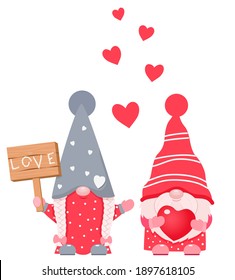 Adorable cartoon valentine gnomes with gift board.Vector illustration. Isolated on white background