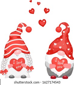 Adorable cartoon valentine gnomes with hearts. Vector illustration. Isolated on white background