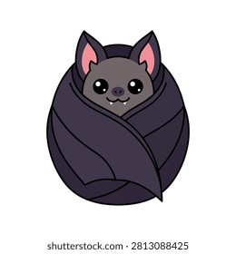 Adorable cartoon vampire bat curled up in its wings on white background.