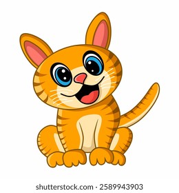 Adorable cartoon vector graphic illustration of a cute orange cat with blue eyes, showing joy and cheerfulness. Suitable for children's media and fun designs.