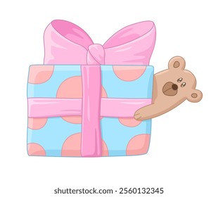 Adorable cartoon vector illustration of a blue gift box with red polka dots and a pink bow, with a cute brown teddy bear peeking out. Perfect for birthday, holiday or any celebration