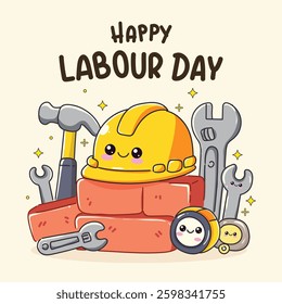Adorable cartoon vector illustration celebrating Happy Labour Day. Features a cute safety helmet, bricks, and various kawaii tools. Perfect for labour day events, construction themes, and worker