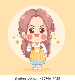 Adorable cartoon vector illustration of a cute girl wearing a checkered apron and showing a peace hand sign, perfect for lifestyle and character designs.