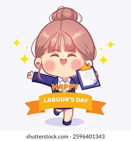 Adorable cartoon vector illustration of a cute office girl celebrating Happy Labour Day with a cheerful expression, holding a clipboard and wearing a suit. Perfect for work