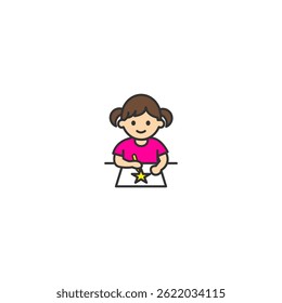 Adorable cartoon vector illustration of a little girl drawing with a crayon at a table. Great for educational materials, school activities, art class promotions, creative learning designs.