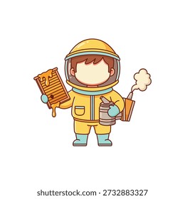 Adorable mascota de Vector de dibujos animados de un apicultor en un traje amarillo con un panal goteando y un ahumador de abejas.