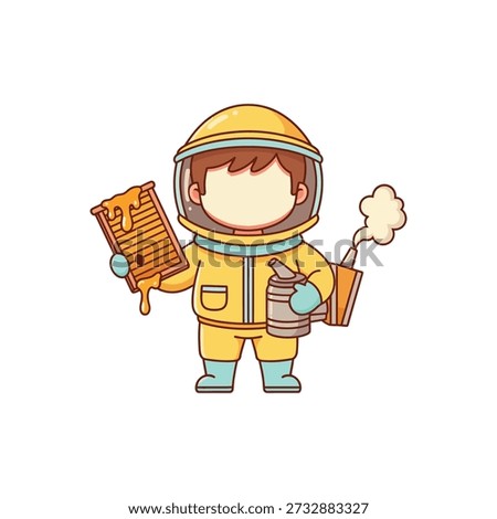 Adorable cartoon vector mascot of a beekeeper in a yellow suit holding a dripping honeycomb and a bee smoker.