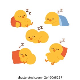 Adorável conjunto de vetor de desenhos animados com pintinhos amarelos bonitos dormindo em diferentes posições com travesseiros e cobertores