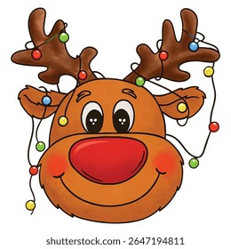 Adorable cartoon vector of a smiling Christmas reindeer with a big red nose and colorful string lights tangled on its antlers. Perfect for festive holiday designs, greeting cards, children's books, ap