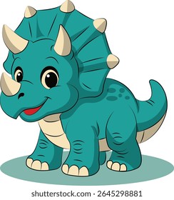 Adorable cartoon vector of a smiling Triceratops dinosaur in blue-green color. Perfect for kids designs, educational content, dinosaur themes, clipart, and fun print or digital projects.

